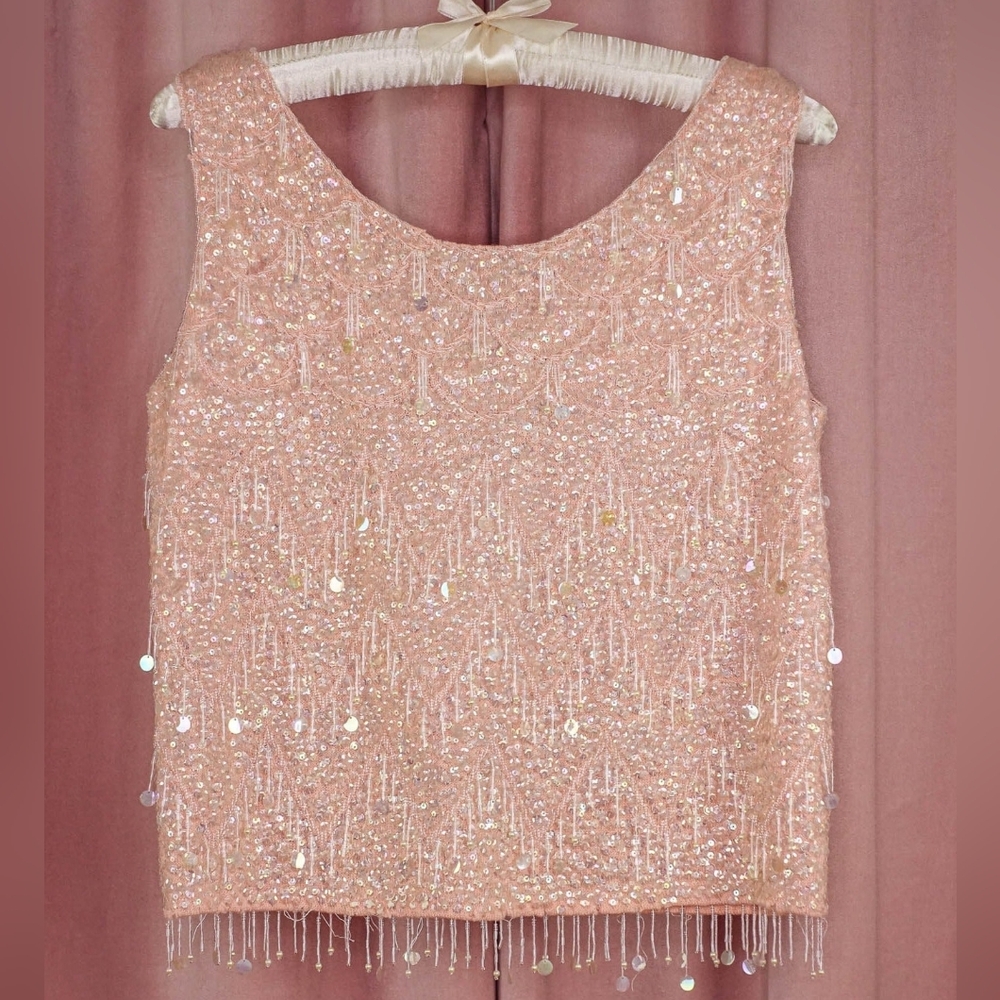 Vintage 50s 60s Fully Beaded And Sequined Wool Sleevless Top Size Medium